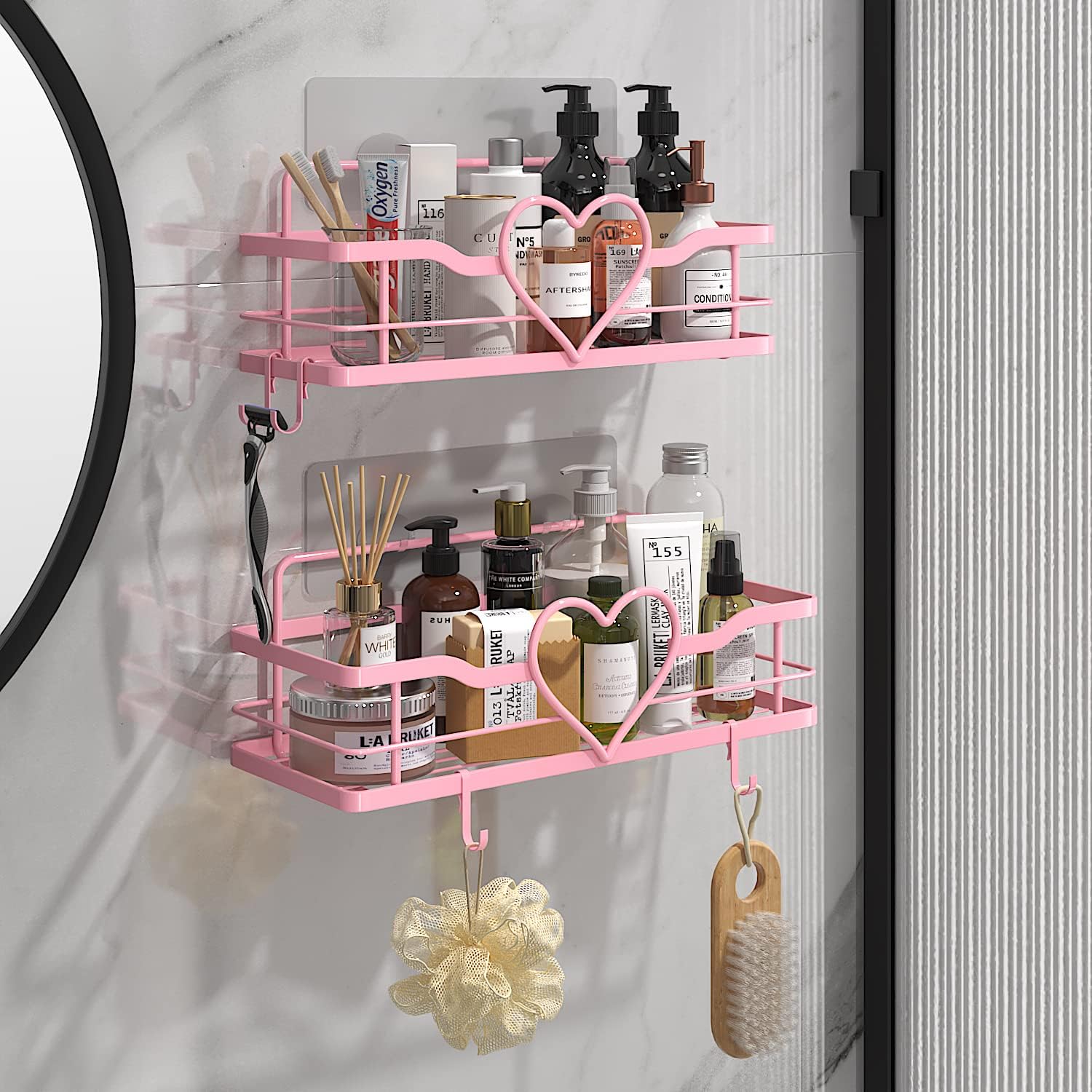 Skiennix Pink Shower Caddy - 4 Removable Hooks & No-Drill Adhesive Organizer | 2-Pack Shelves for Bathroom & Kitchen