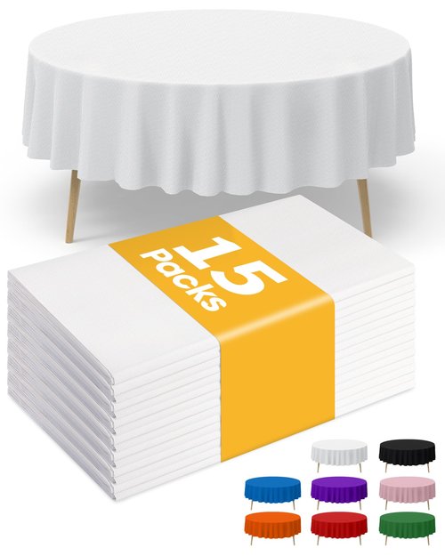 Niuara White Plastic Table Cloth Round Table 15 Pack, 84'' Tablecloth for Round Tables, Table Cloth for Disposable Use, Table Cover for Holiday Party, Gathering