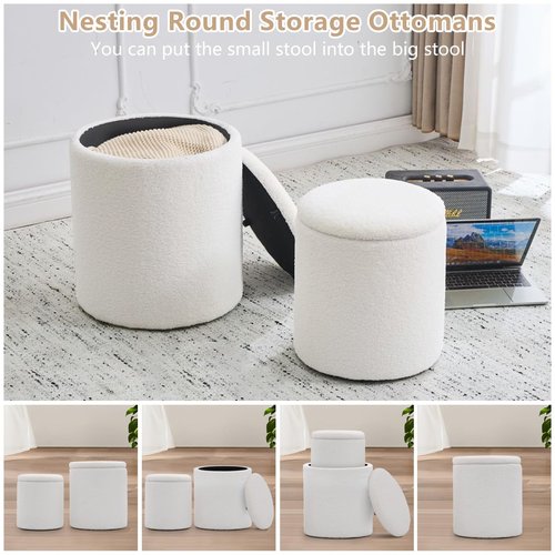 oakvivo Round Set of 2 Ottoman with Storage, Boucle Storage Ottoman Foot Stool, Soft Teddy Upholstered Small Vanity Stool, Ottomans Coffee Table Padded Seat Foot Rest for Living Room Bedroom, White