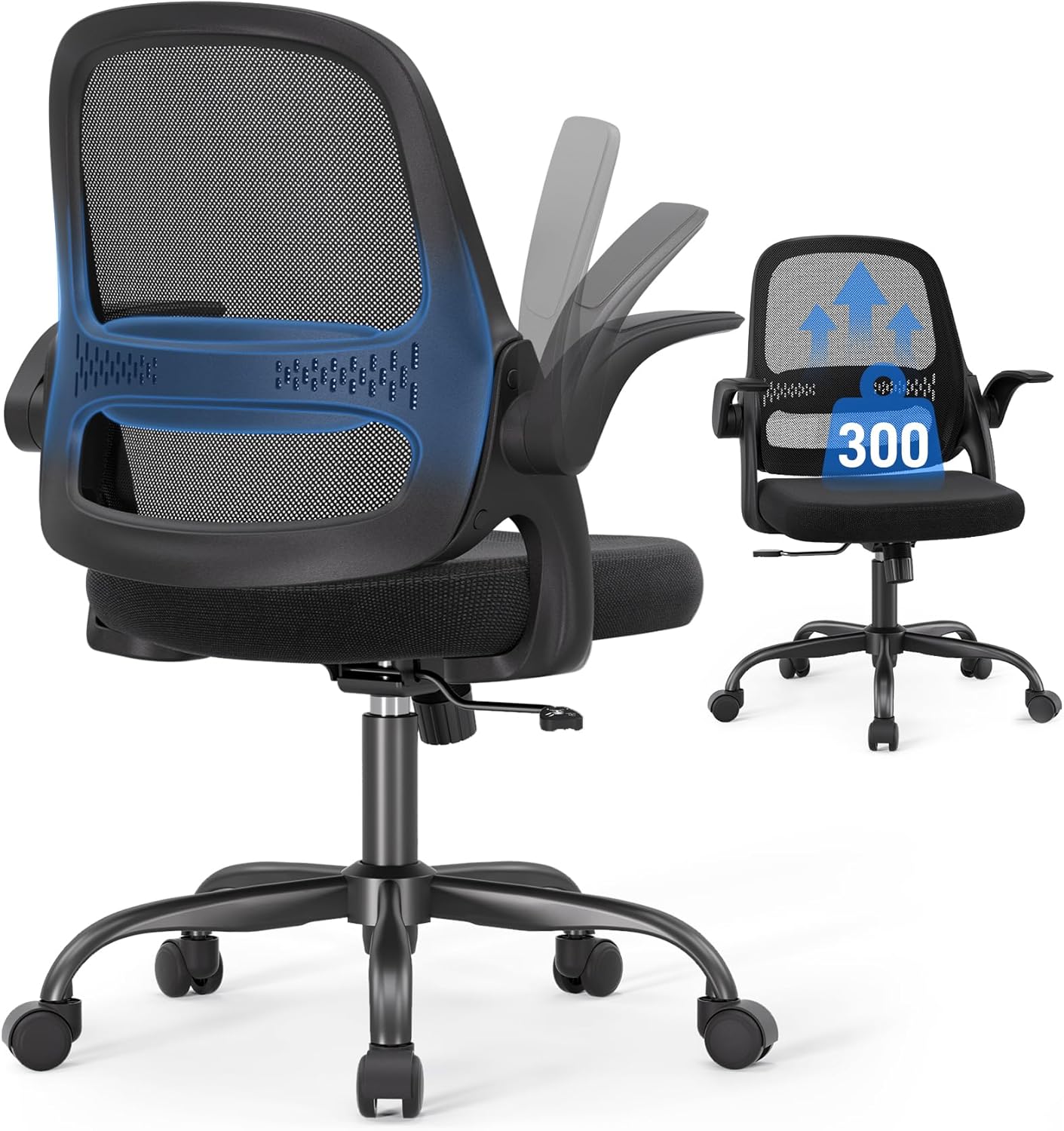 Skiennix Ergonomic Mesh Office Chair - Breathable Back, Flip-Up Arms & Thick Cushion | Supports 300 lbs (Black)