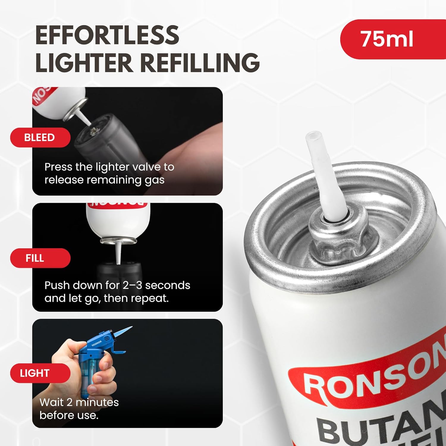 Ronson Butane Fuel Refill 75ml - Clean Burning Universal Lighter Fluid for Torch & Kitchen Use - Pack of 2