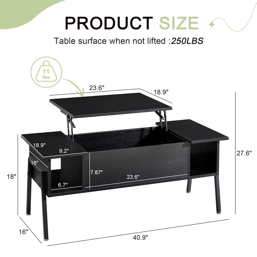 VECELO Wood Lift Top Coffee Table with Hidden Compartment and Storage Shelf for Living Room/Office Reception, Rising Tabletop, Black
