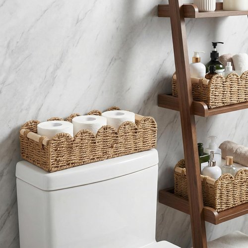 Beige Scalloped Edge Wicker Basket Set by [Brand Name] - 2 Pcs Toilet Paper Storage for Bathroom Decor