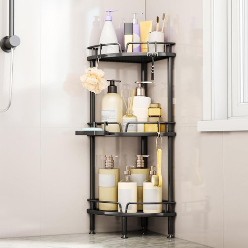 Consumest Corner Shower Caddy Stand - 3-Tier Organizer with Soap Holder & Adjustable Feet | Black