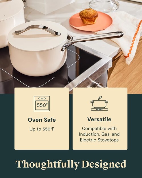 Caraway Nonstick Ceramic Sauce Pan - 1.75 Qt, Non-Toxic & Oven Safe, Compatible with All Stovetops | Cream