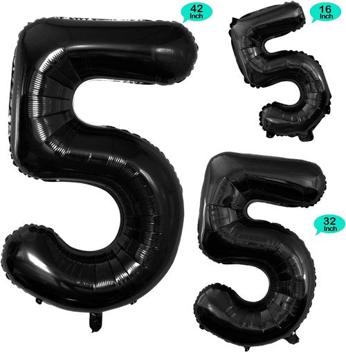 GOER Black Foil Number 5 Balloons - Giant 42" & 32" Birthday Party Decorations (3 Pack)