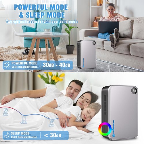 Dehumidifier, Small Dehumidifiers Quiet with Auto Shut Off, Humidity Display Dehumidifier for Bedroom/Bathroom, Timer, Drain Hose, 7-color LED light, Moisture Absorbers (Grey)