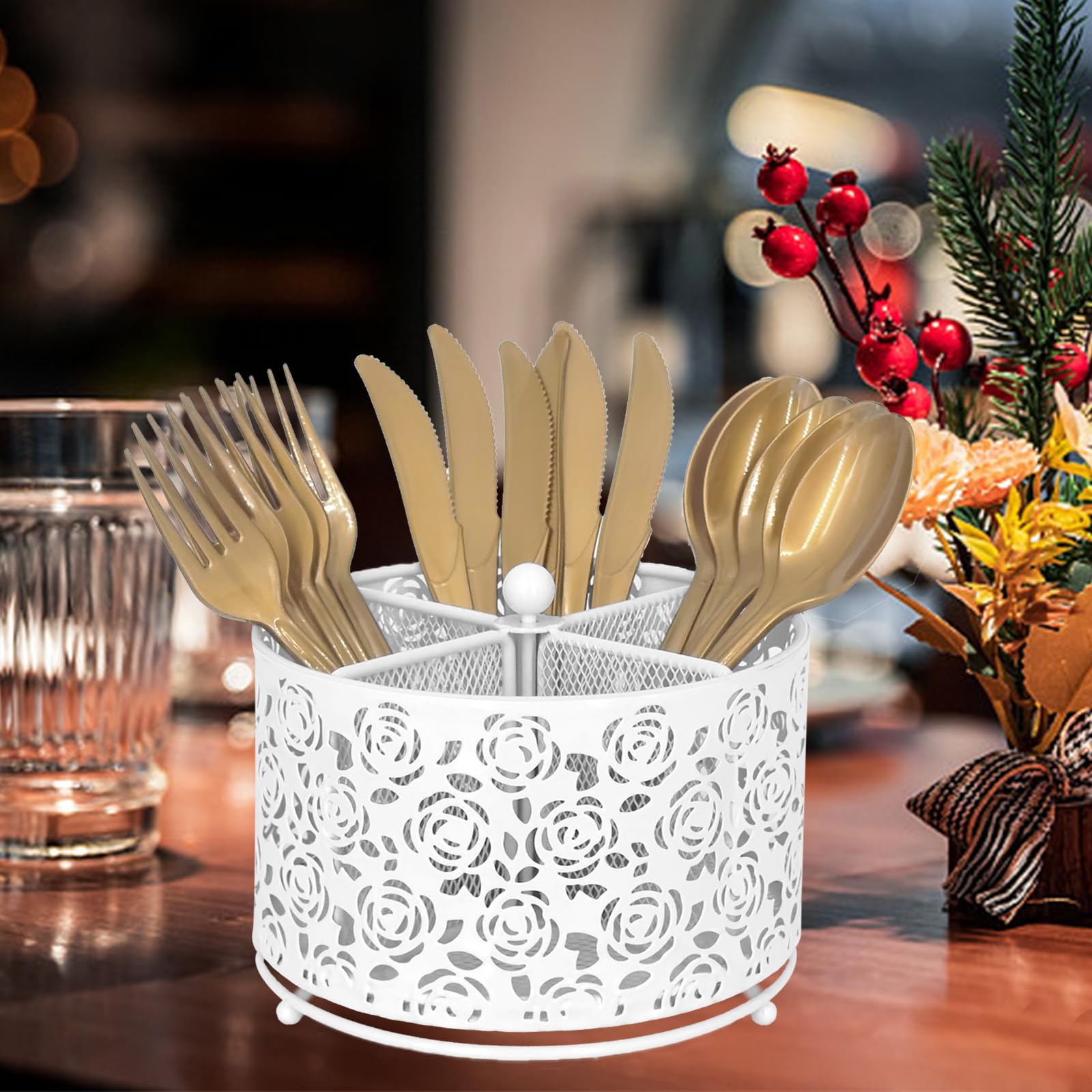 DysanVica 360° Rotating Metal Silverware Caddy - 4 Compartment Utensil Cutlery Holder Fork Spoon Napkin Organizer Flatware Storage Basket Party Countertop Buffet Picnic Camping Outdoor (White)