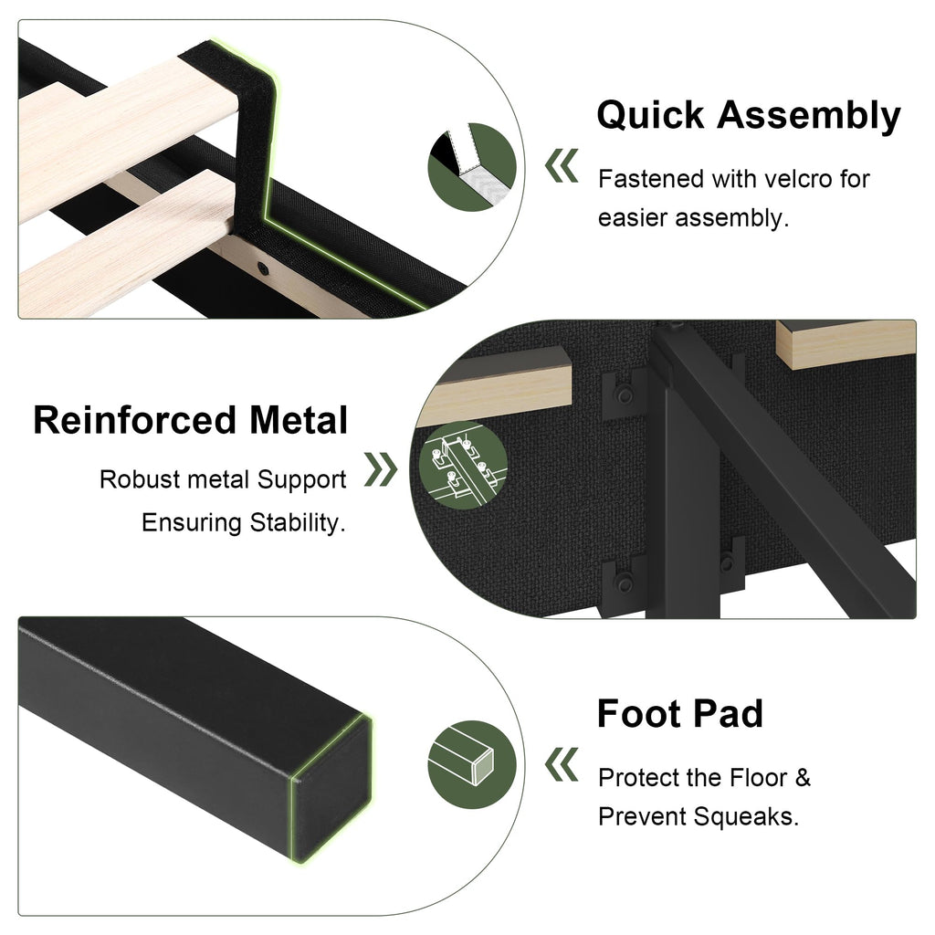 Feonase Twin Platform Bed Frame, Fabric Upholstered Twin Bed Frame, Solid Wood Slats & Heavy Duty Feet Support, No Box Spring Needed, Noise-Free, Easy Assembly, Black