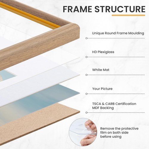 FLYJOE 11x14 Picture Frame - Display 8x10 Photos with Mat or 11x14 Without Mat - Natural Woodgrain Finish
