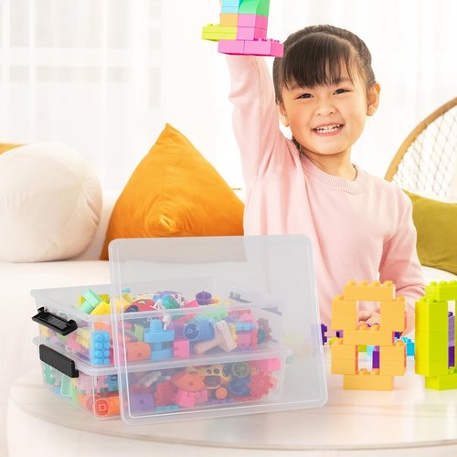 Clear Storage Bins - 4 Pack Flat Plastic Latching Bins with Lids | 6 Quart Stackable Design