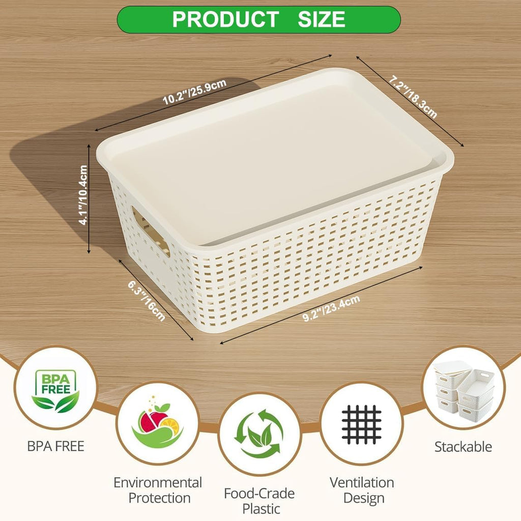 Resze Plastic Storage Baskets - 6 Pack Stackable Organizer Bins with Lids | Space-Saving White Design for Home & Office