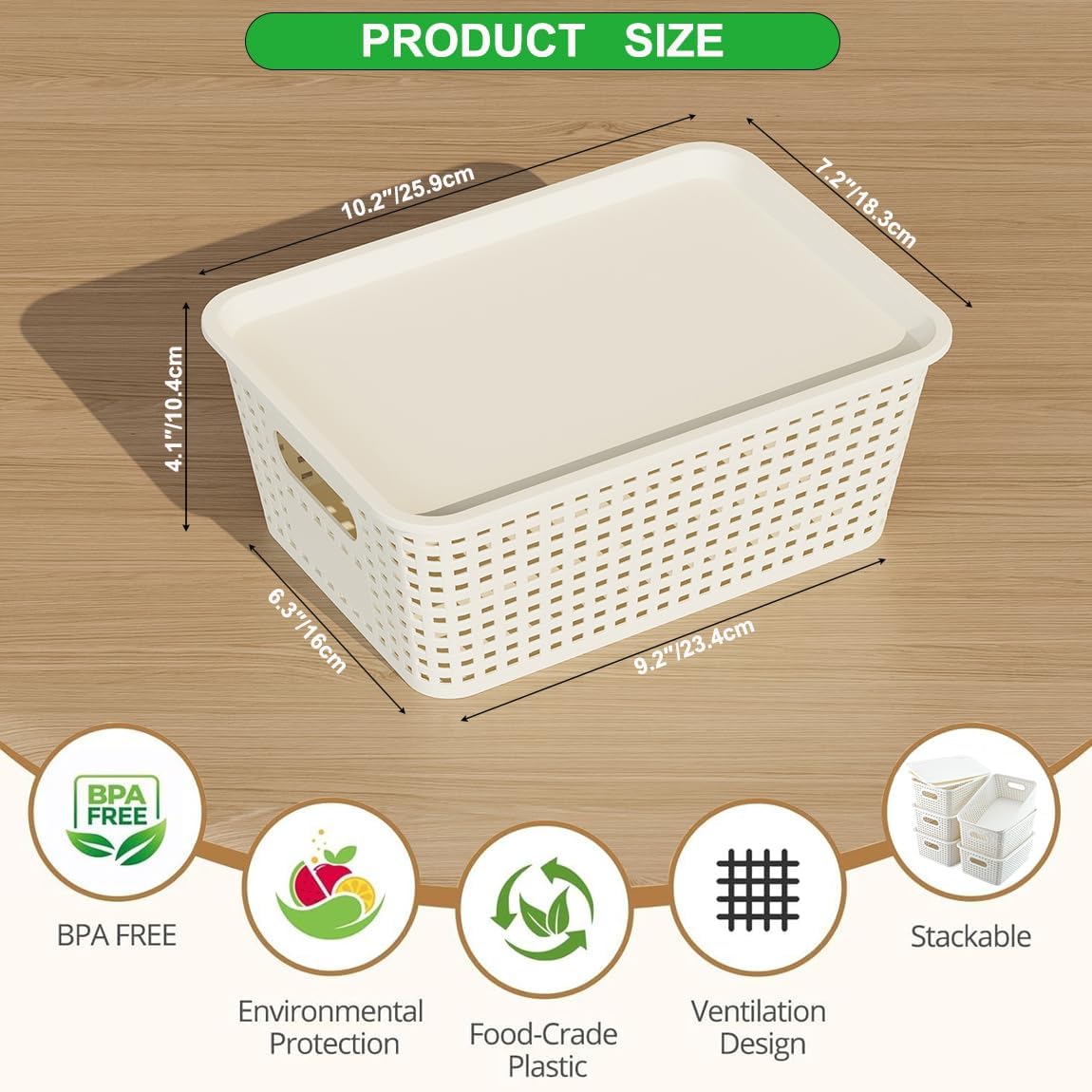 Resze Plastic Storage Baskets - 6 Pack Stackable Organizer Bins with Lids | Space-Saving White Design for Home & Office