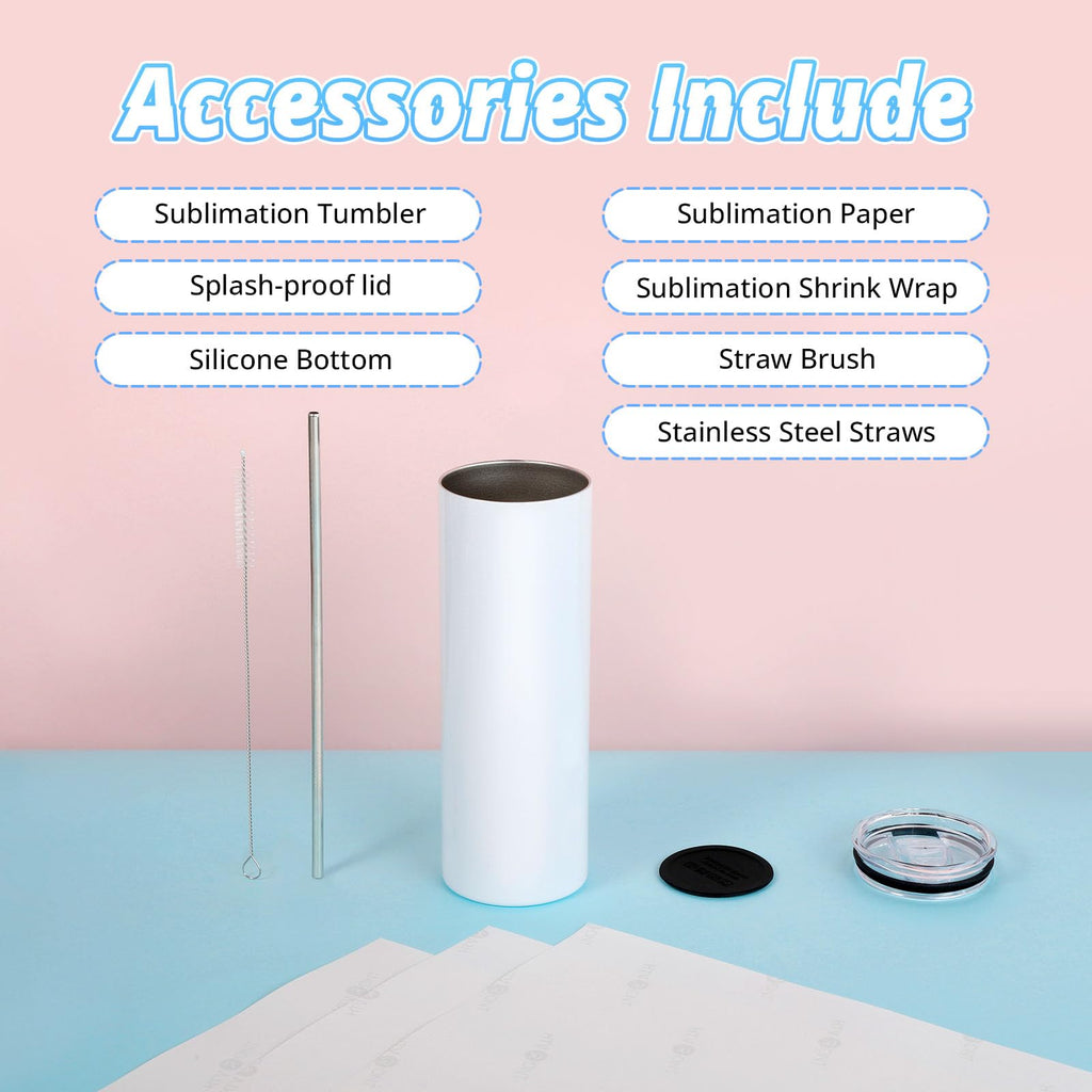 HTVRONT Sublimation Tumblers 12 PCS - 20 OZ Sublimation Tumbler Blanks with Sublimation Paper/Shrink Wrap Films/Heat Tape/Straws/Straw Brush - Sublimation Blanks Products for Gift/DIY Craft