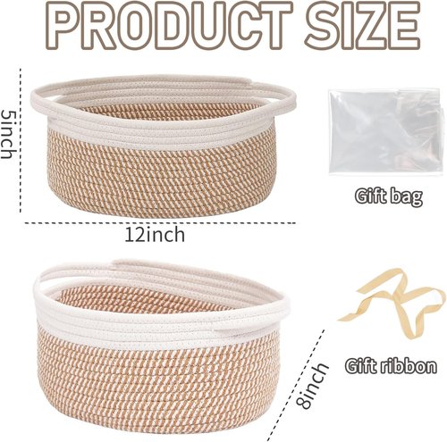 JMvicyroam Woven Basket - Small Rope Storage Bin with Handles for Organizing Shelves | White & Brown Block - 2 Pack