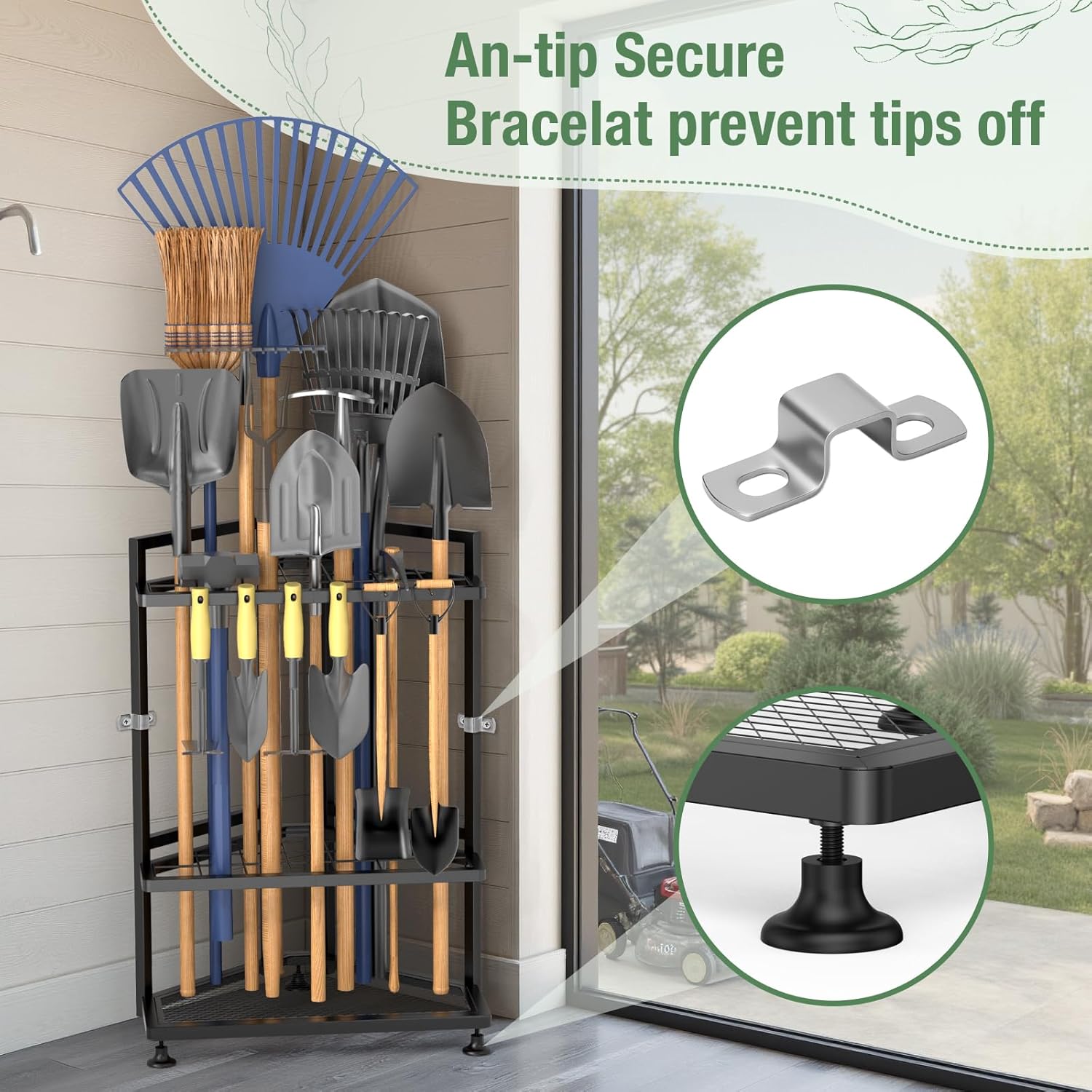 Skiennix Garden Tool Organizer - Heavy Duty Steel Storage Rack for Long-Handled Tools | Corner Design