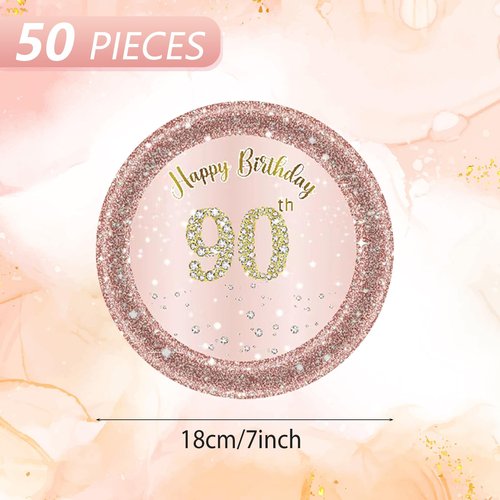 Fitoyplak 90th Birthday Decorations,50Pcs 7" 90th Birthday Paperplates,Rose Gold 90 Years Party Tableware Cake Plates,for Happy 90th Anniversary Party Decorations Supplies