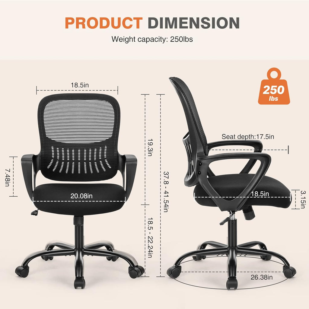Sweetcrispy Ergonomic Executive Chair - Mid-Back Mesh Design with Lumbar Support | Black