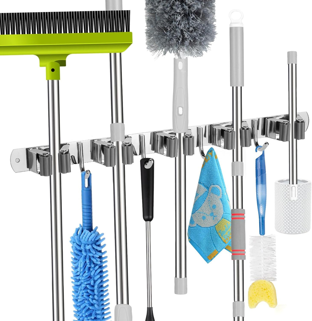 Voze Mop And Broom Holder - 5 Racks & 4 Hooks, Heavy-Duty Wall Mount Organizer | Silver