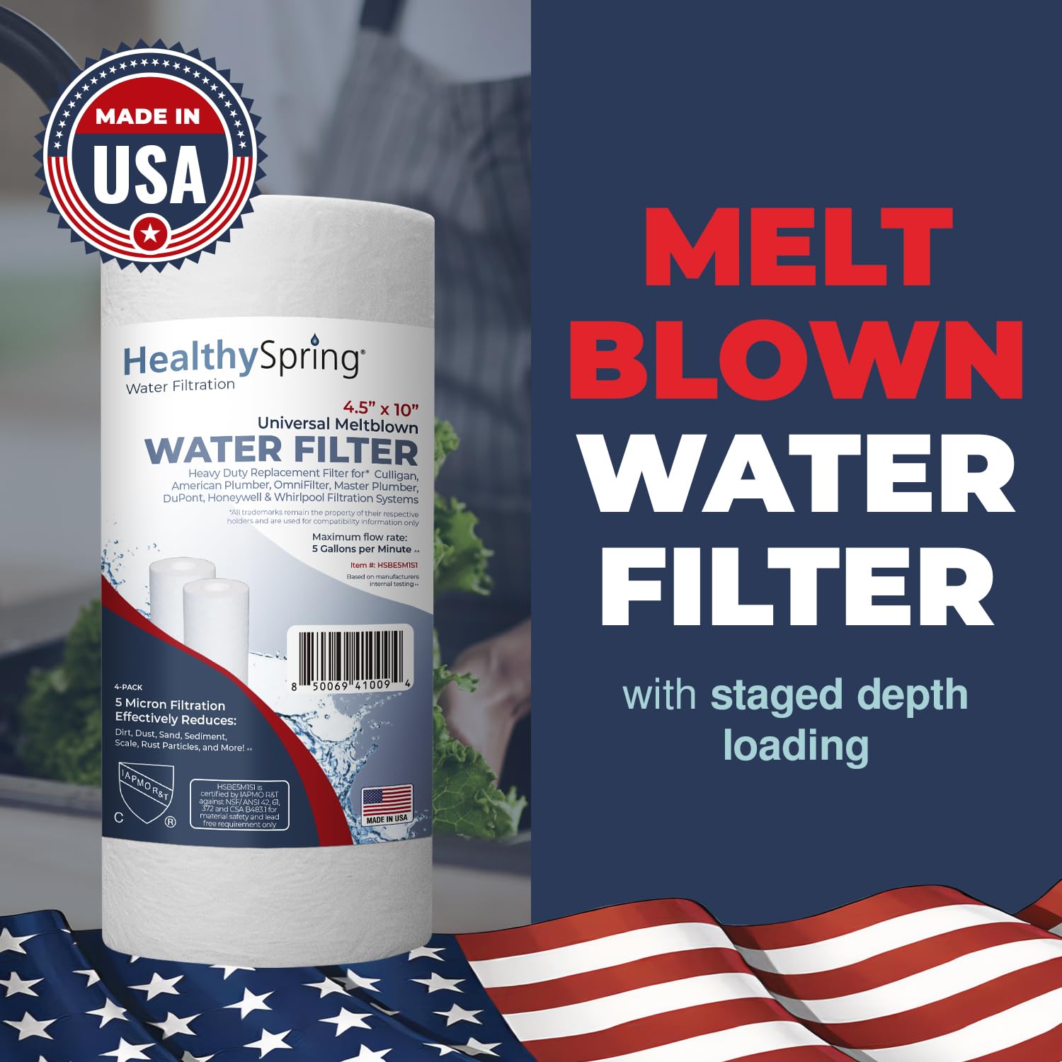 American Made, Sediment Water Filter, 10" x 4.5", Replacement for Pentair Pentek DGD-5005, GE® GXWH40L, GXWH35F, Culligan® RFC-BBSA, 3M® Aqua-Pure® AP810, 5 Micron, Pack of 4