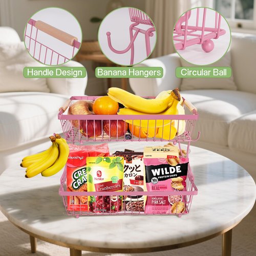 Lawhood-Mijin Fruit Basket Bowl 2 Tier Detachable with 2 Banana Hangers, Fruit Stand Holder for Kitchen Countertop, Metal Wire Vegetable Storage Organizer, for Bread Snack Veggies Produce, pink