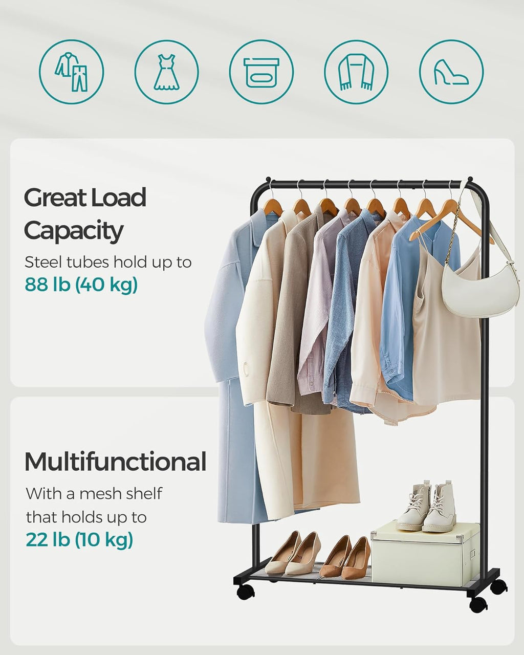 SONGMICS Clothes Rack - Metal Garment Rack with Wheels & Dense Mesh Shelf | 110 lb Capacity, Black