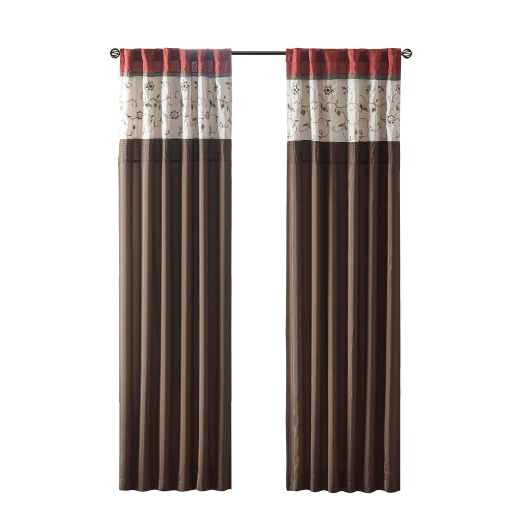 Madison Park Serene Embroidered Light Filtering Treatment Curtain Rod Pocket/Back Tab Single Window Panel Drape for Bedroom Livingroom and Dorm, 50x84", Red