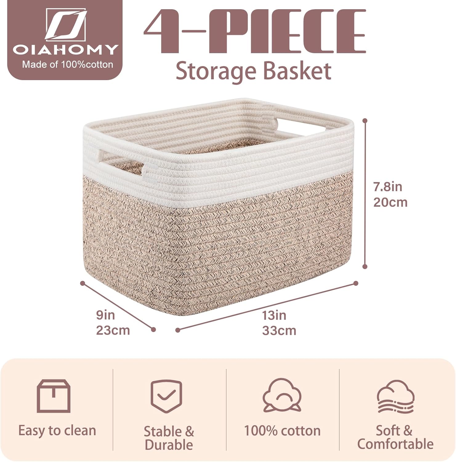 OIAHOMY Storage Baskets - Woven Cotton Rope Organizers with Handles | 13" L x 9" W x 7.8" H, Brown & White