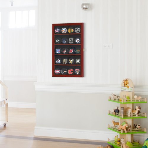 20 Hockey Puck Display Case Cabinet Holder Wall Rack 98% UV Protection Also Fits Pucks in Square Plastic Case (Mahogany Finish)