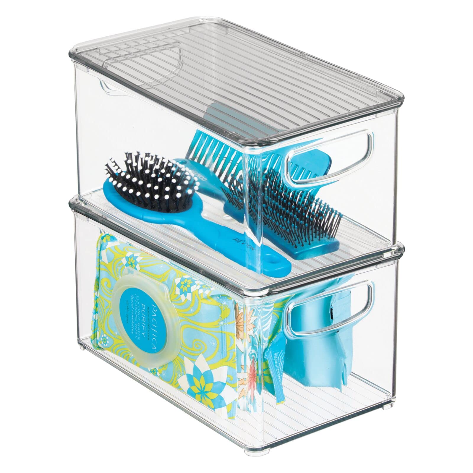 mDesign Deep Plastic Bathroom Storage Bin Box, Lid/Built-in Handles, Organization for Makeup, Hair Styling Tools, Toiletry Accessories in Cabinet, Shelves, Ligne Collection, 2 Pack, Clear/Smoke Gray