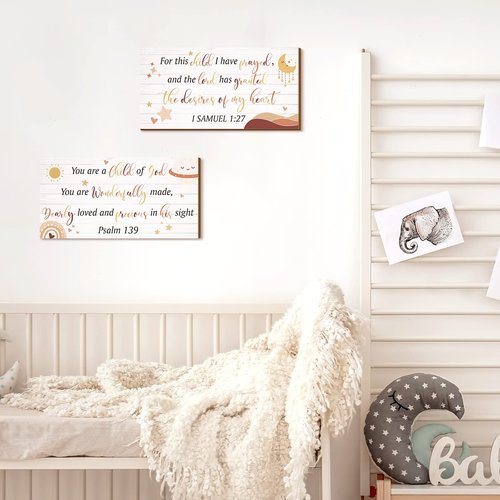 Yookeer 2 Pcs Wood Nursery Wall Decor for Girls Boys Baby Girl Room Decor Nursery Christian Wall Art This Child I Have Prayed Bible Quote Hanging Sign for Kids Home 12 x 6 Inch(Cute)