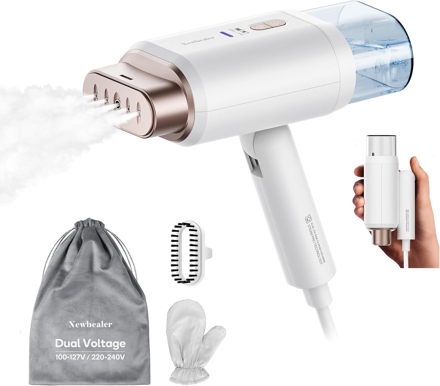 Newbealer Professional Travel Steamer - 1200W Dual Voltage, Fast 20s Heat Up, Foldable & Lightweight (Gold)