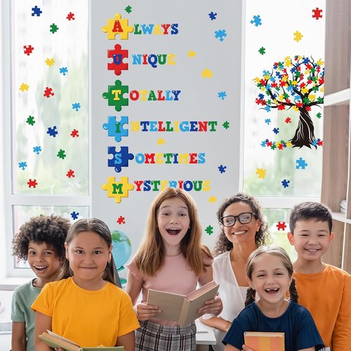 Cinrobiye Autism Awareness Wall Decal - Inspirational Puzzle Piece Tree Design for Classroom & Decor