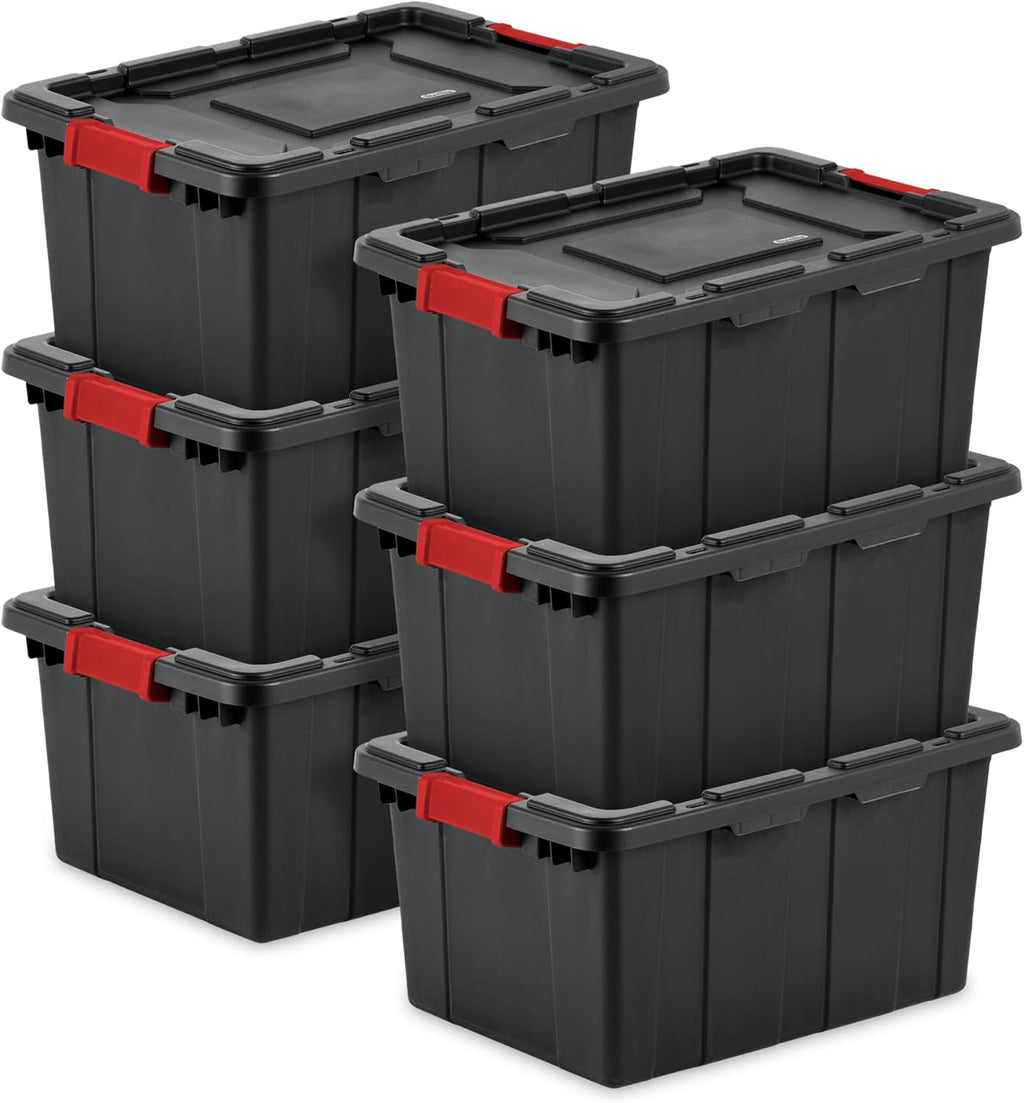 Sterilite 6-Pack Industrial Tote | Heavy-Duty 15 Gallon Plastic Storage Bins with Lids - Black