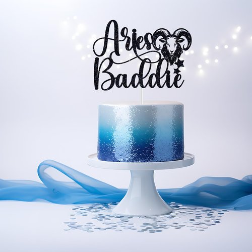 Aries Baddie Cake Topper - Zodiac Birthday Party Decor | Black Glitter Constellation Design