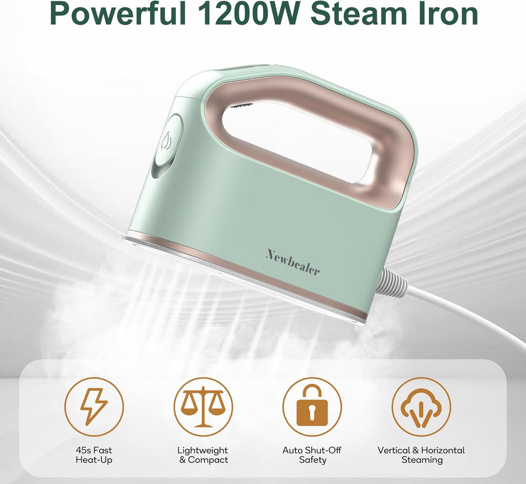 Newbealer Smart Steam Iron - 1200W Turbocharged with 3 Steam Modes, 45s Heat-Up, Nonstick Soleplate