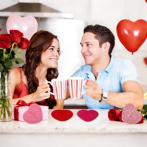 UPINS 6Pcs Valentines Heart Coasters,Handmade Braided Cotton Red Pink White Heart Coasters Valentine’s Day Drink Accessories