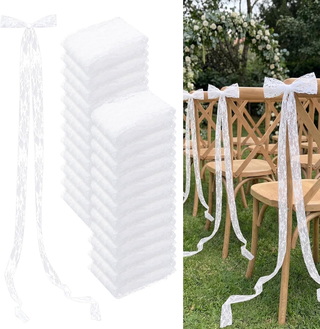 Skiennix 24 Pcs Lace Chair Sashes - Elegant Wedding Aisle Decorations | White Chair Bow Ribbons
