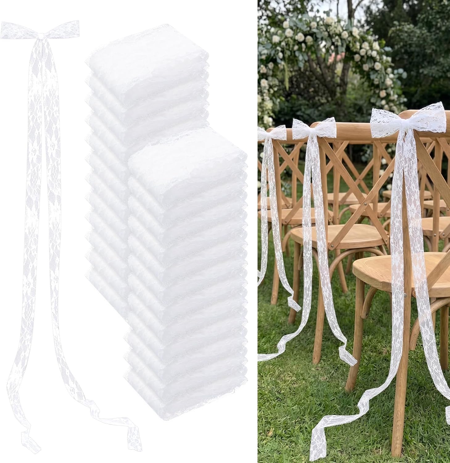 Skiennix 24 Pcs Lace Chair Sashes - Elegant Wedding Aisle Decorations | White Chair Bow Ribbons