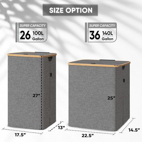 BALEINE Laundry Hamper - Tall Grey Laundry Basket with Lid & Bamboo Pull Handles | 26 Gal/100L Capacity