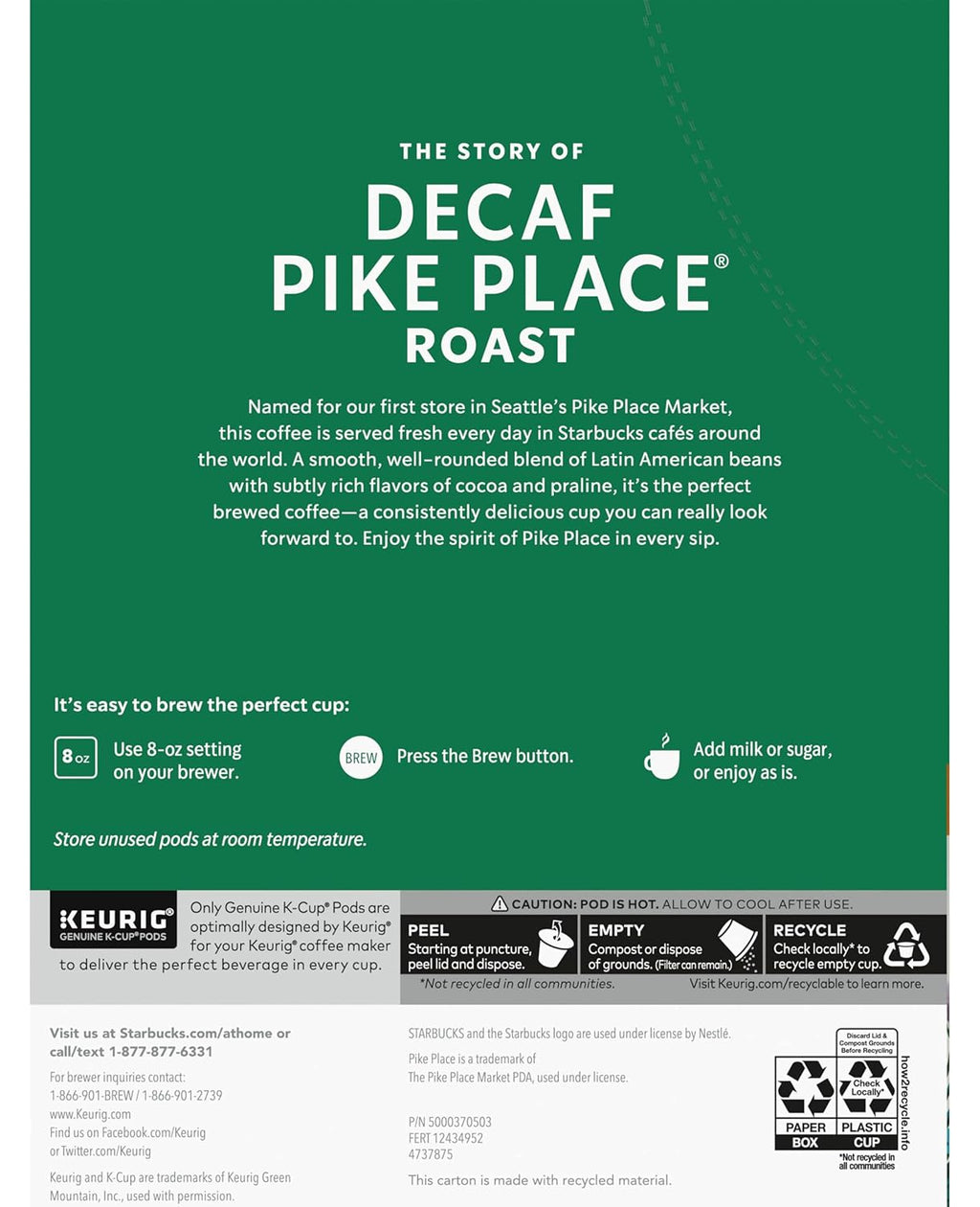 Starbucks Decaf Pike Place Roast K-Cups - Smooth Flavor, 72 Count (3 Boxes of 24)