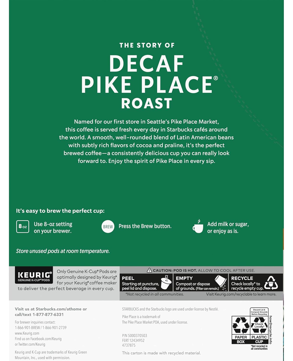 Starbucks Decaf Pike Place Roast K-Cups - Smooth Flavor, 72 Count (3 Boxes of 24)
