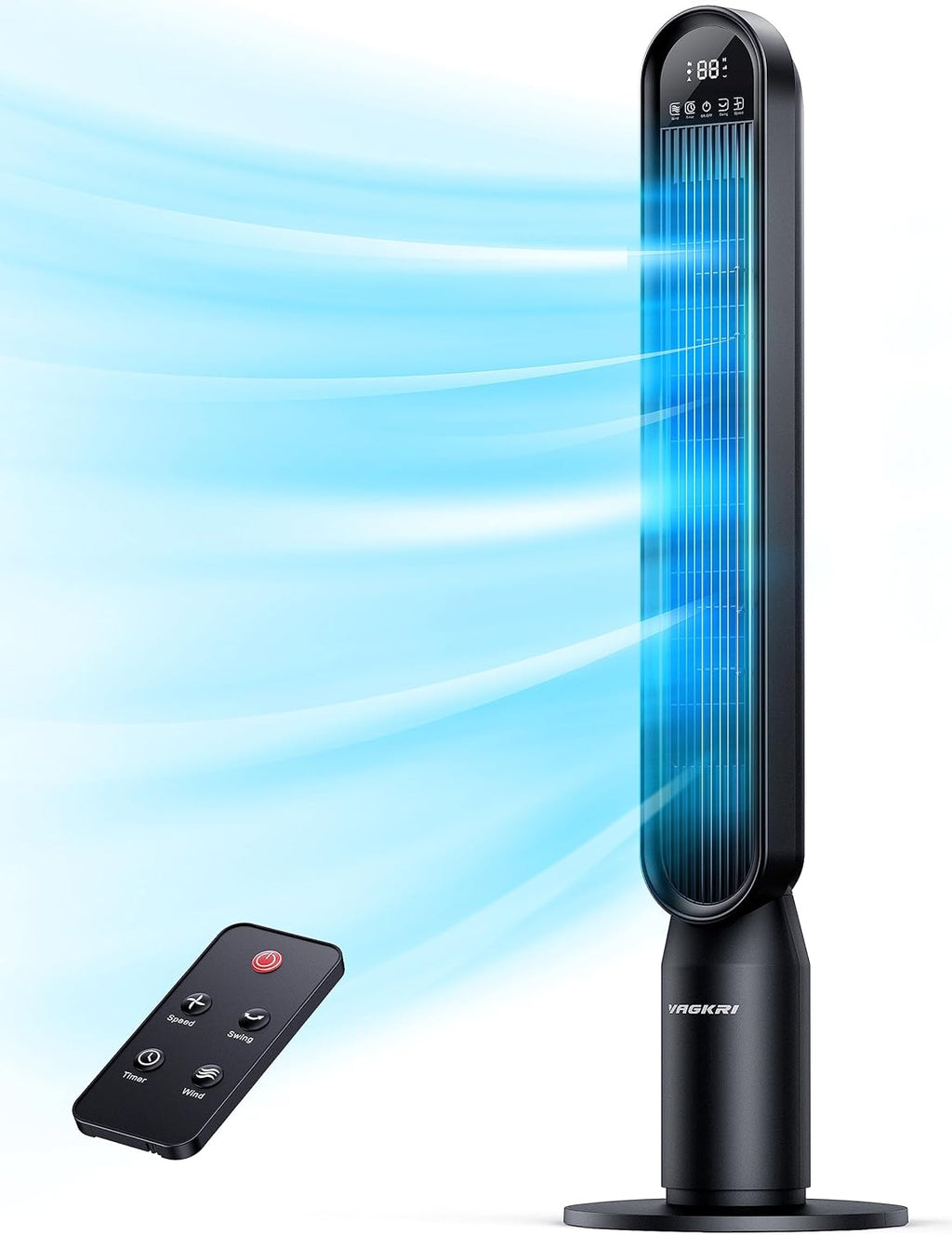 VAGKRI 42-Inch Quiet Tower Fan - Bladeless Design with 135° Oscillation & 4 Speed Modes | Remote Control, Black