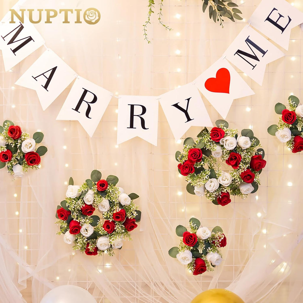 NUPTIO Candle Rings - 13.4 Inch Crimson & White Flower Rose Wreaths for Weddings & Christmas Decor | 2 Pcs