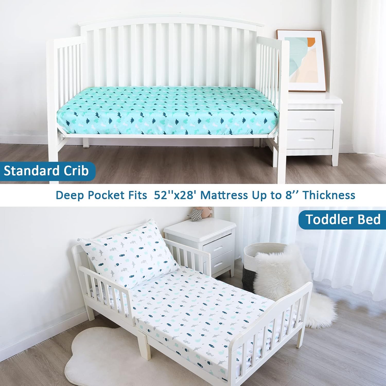 Regine Switzerland Fitted Crib Sheets - Soft & Breathable 2-Pack for Standard Crib 52'' x 28'' | Dinosaurs & Ocean Design