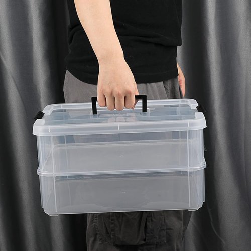 JUXYES Stackable Storage Box - 2-Tier Transparent Bin with Handle for Office & School Supplies