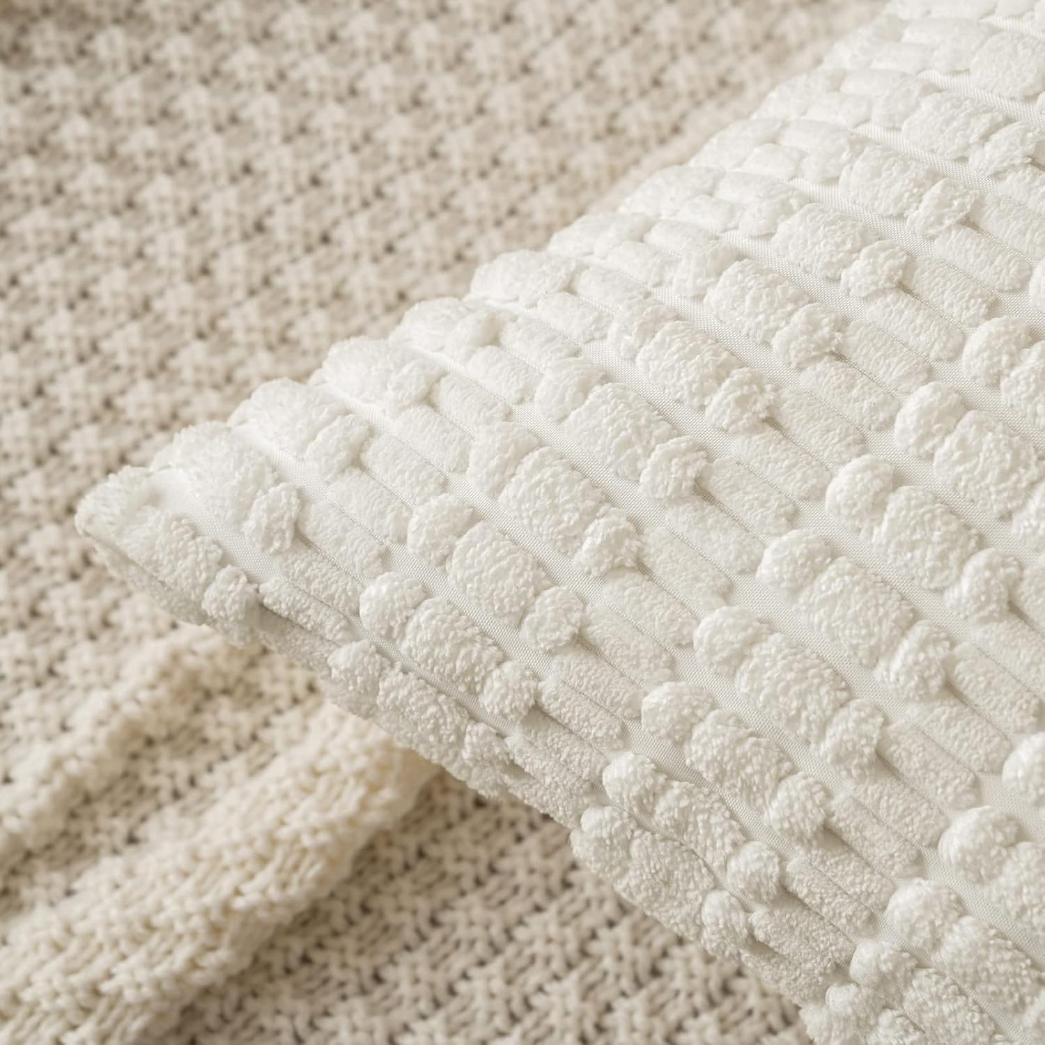 MIULEE Corduroy Decorative Lumbar Pillow Covers - Soft Boho Striped Design | 20x12 Inch, Pure White