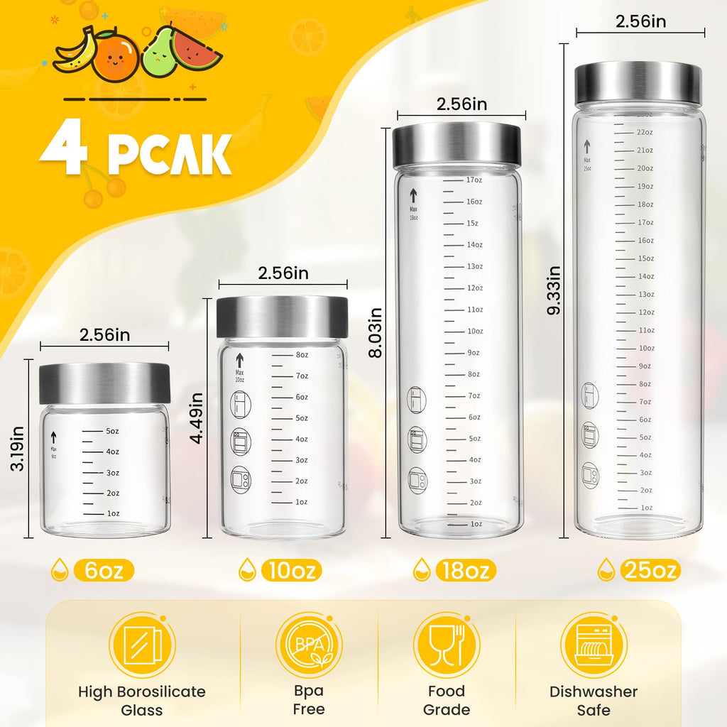 WXCWYQR Glass Juice Bottles with Lids, 10 Oz Wide Mouth Glass Water Bottles, for Juicing, Protein, Smoothie, Milk, BPA Free, Stainless Steel Lids, Shaker Bottles (10 Oz / 4 Pack)
