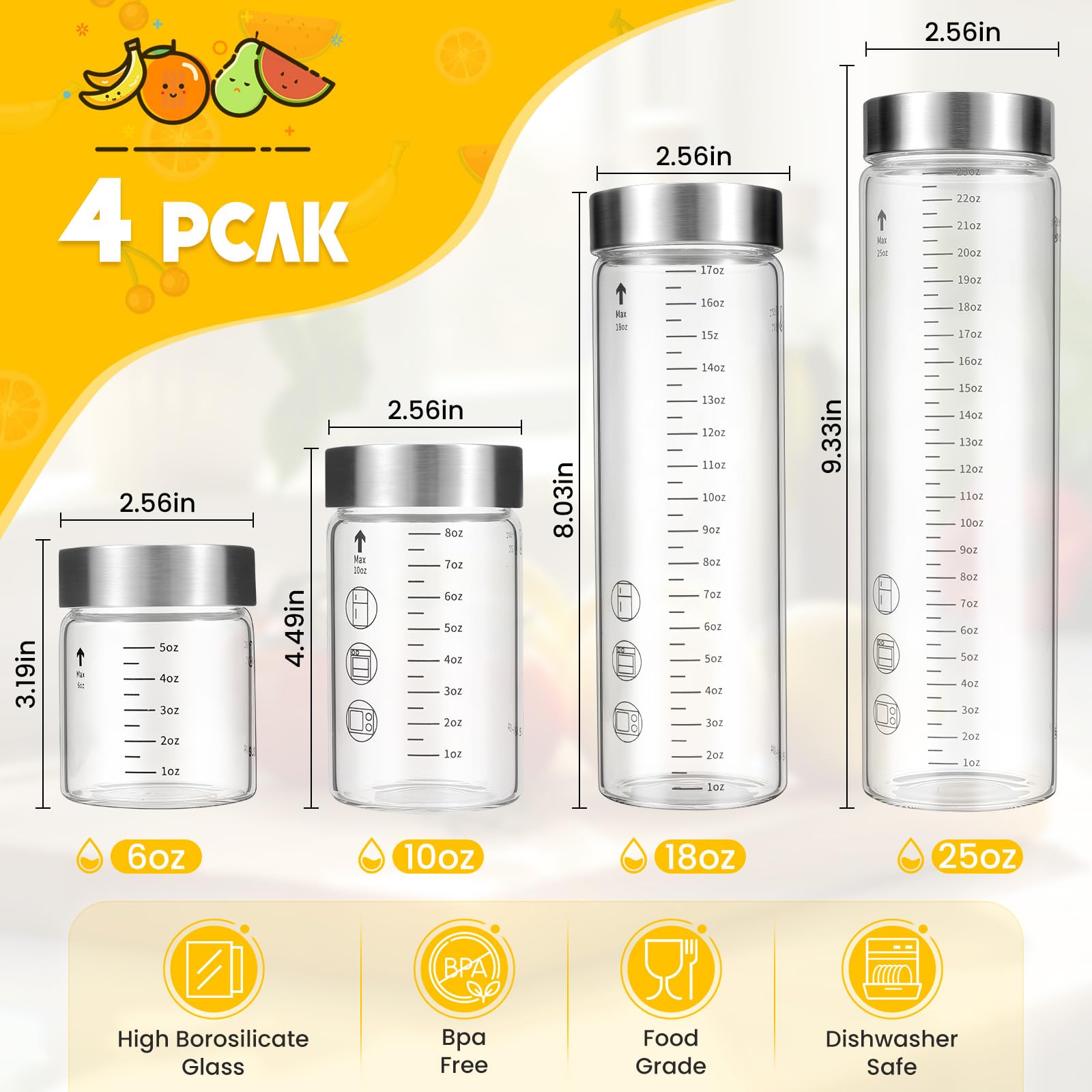 WXCWYQR Glass Juice Bottles with Lids, 10 Oz Wide Mouth Glass Water Bottles, for Juicing, Protein, Smoothie, Milk, BPA Free, Stainless Steel Lids, Shaker Bottles (10 Oz / 4 Pack)