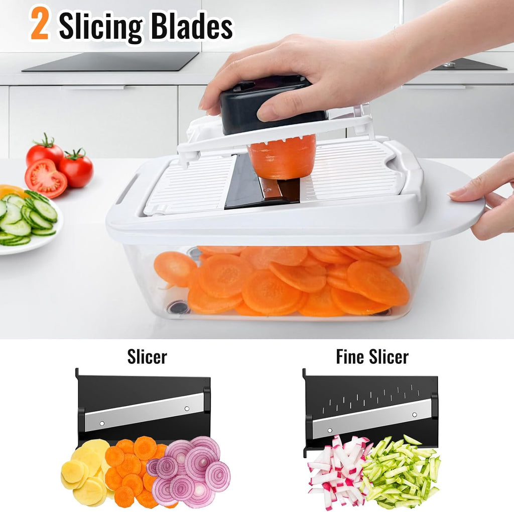 Skiennix 8-Blade Vegetable Chopper - All-in-One Mandoline Slicer with Container for Effortless Salad Prep | White